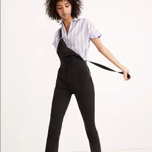 madewell black straight leg jean denim overalls with raw hem